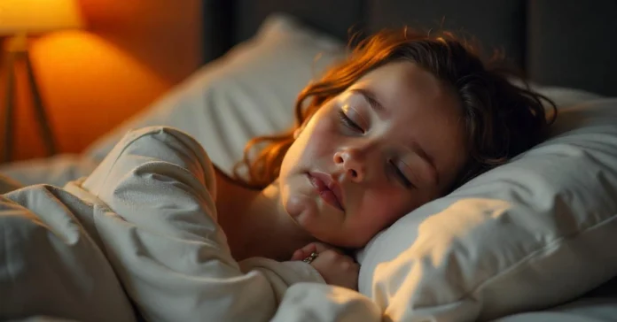 Woman peacefully sleeping in bed with warm lighting demonstrating effective sleep tips that actually work for better rest