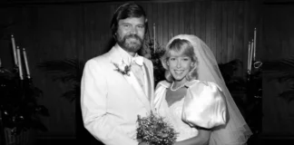 Glen Campbell and Sarah Barg wedding photo from 1976 showing the couple in white attire with Sarah wearing a pearl necklace and veil.