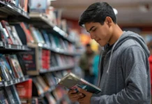 Student browsing business books for small business ideas for students
