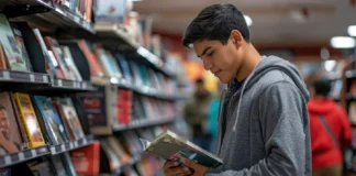 Student browsing business books for small business ideas for students