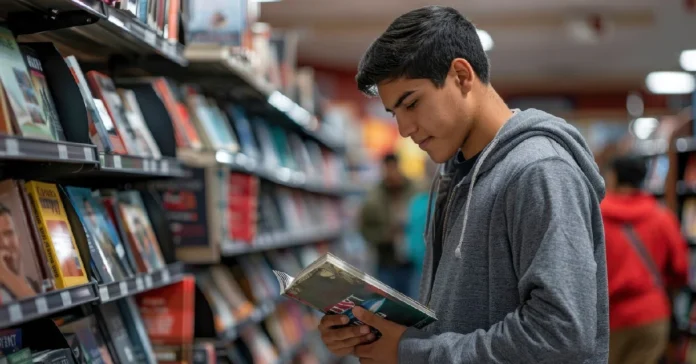 Student browsing business books for small business ideas for students