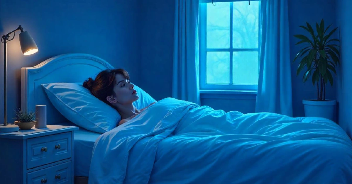 Teen girl lying awake in bed at night with blue light showing common sleep struggles that effective sleep tips for teens can solve