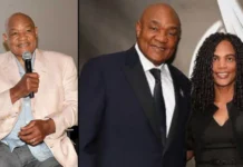 Adrienne Calhoun with George Foreman at a formal event, highlighting Adrienne Calhoun’s presence.