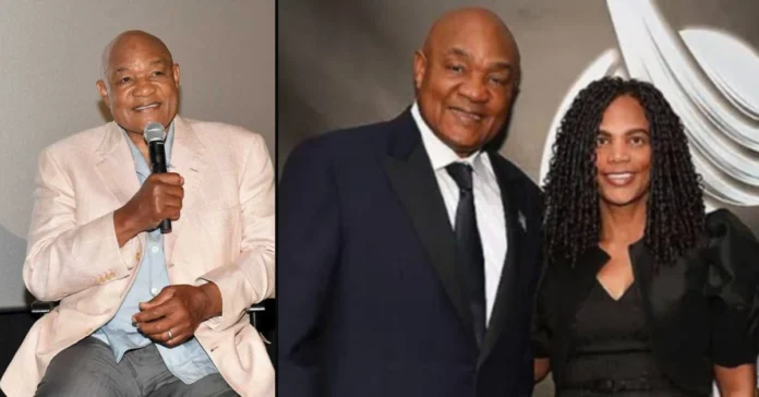 Adrienne Calhoun with George Foreman at a formal event, highlighting Adrienne Calhoun’s presence.