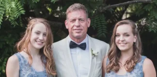Alexa Marie Aikman and sister Jordan with father Troy Aikman at formal family event
