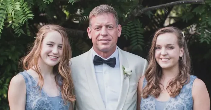 Alexa Marie Aikman and sister Jordan with father Troy Aikman at formal family event