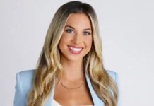 Erin Dolen, ESPN sports betting analyst, smiling confidently in a light blue blazer with blonde hair and professional appearance