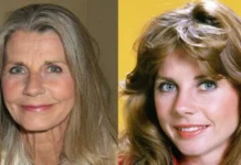 Jan Smithers smiling on set, capturing her classic style and charm during her WKRP in Cincinnati days.