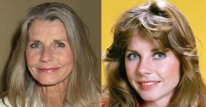 Jan Smithers smiling on set, capturing her classic style and charm during her WKRP in Cincinnati days.
